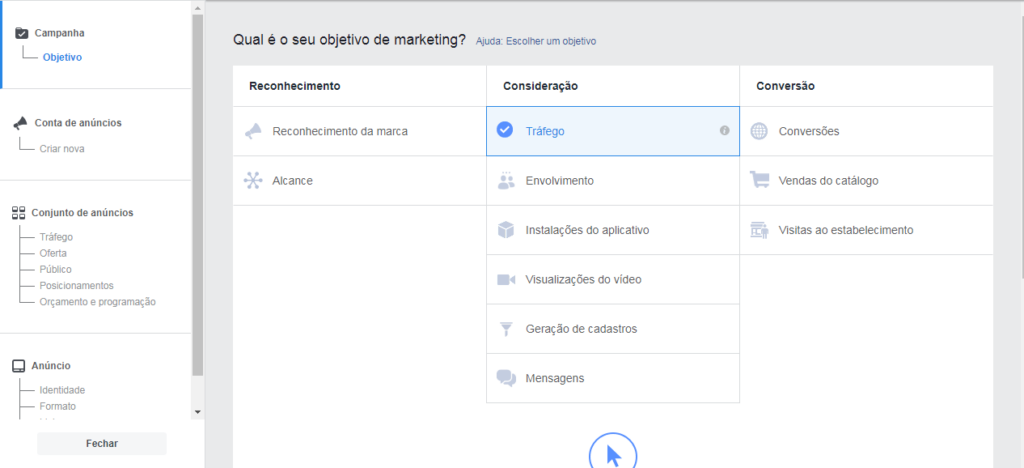 Configuração de campanhas do facebook ads