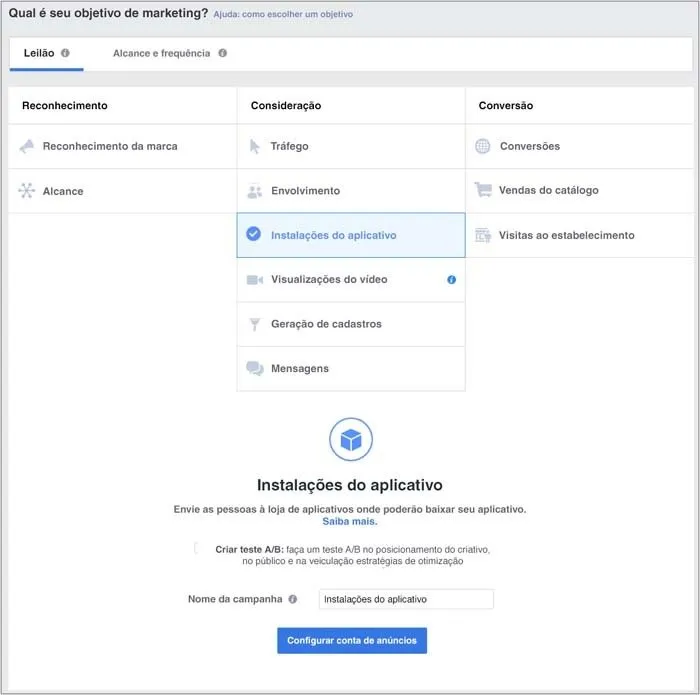 Página de definição de objetivos no Facebook ads