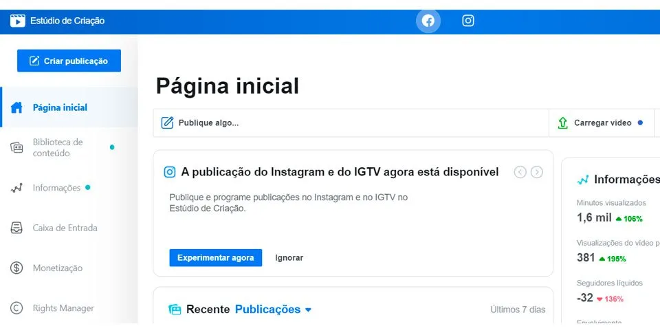 Tela inicial de configurações do Estúdio de Criação do Facebook