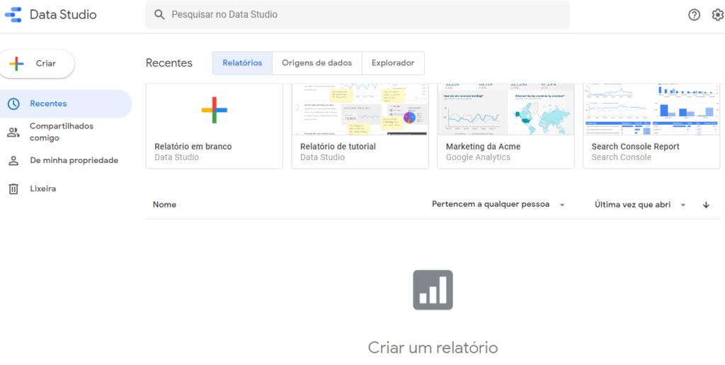 Página principal do Google Data Studio